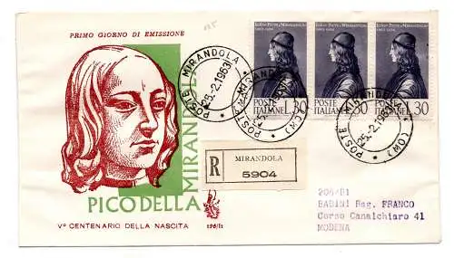 Italien FDC Venetia 1963 Mirandola Dreierstreifen gereist Racc. für Italien