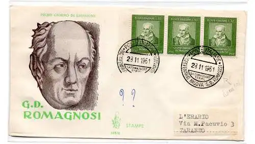 Italien FDC Venetia 1961 Romagnose Dreierstreifen nach Italien gereist