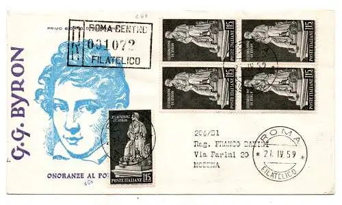 Italien FDC Venetia 1959 Byron Viertelreise Racc. für Italien