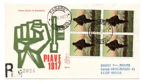 Italien FDC Venetia 1967 Piave quartina voyata Racc. für Italien