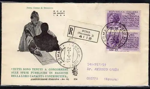 Italien FDC Venetia 1954 Beitragskampagne Paar Racc. für Italien