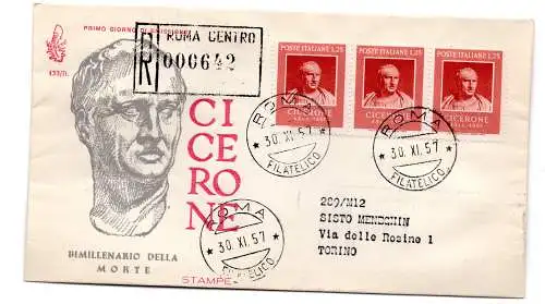 Italien FDC Venetia 1957 Cicero Dreierstreifen gereist Racc. für Italien