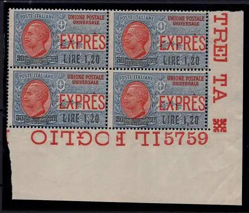 Espresso Lire 1,20 auf 30 c. Nr. 5 Quartina mit Nummer 5759 MNH