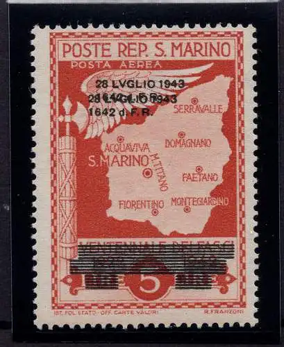Fall des Faschismus Lire 5 Nr. A39a Doppelaufdruck - MNH