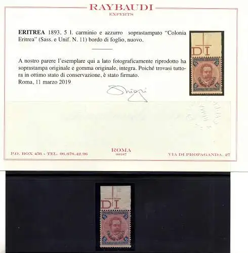 Eritrea - Umberto I. Lire 5 Nr. 11 Zertifikat - MNH