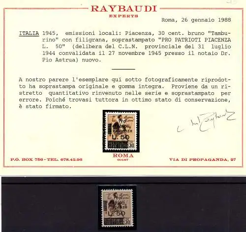 C.L.N. Piacenza Lire 50 auf Cent. 30 mit Wasserzeichen - Zertifikat - MNH
