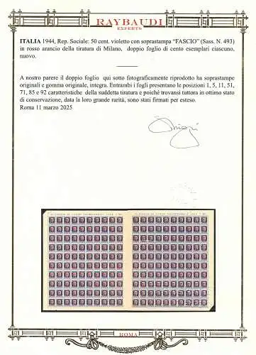 Centschelle. 50 Milanona rot orange Cert. Raybaudi - MNH