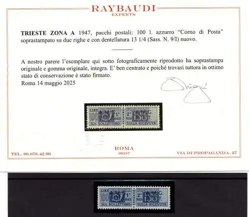 Postpakete Lire 100 Nr. 9/I Zahnung 13,1/4 Zertifikat - MNH