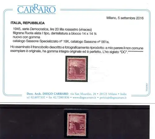 Democratica Lire 20 Nr. 561a lila essig Cert. Carraro - MNH