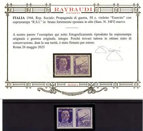 Prop. di Guerra Cent. 50 n. 34Ff - MNH - Cert. Raybaudi