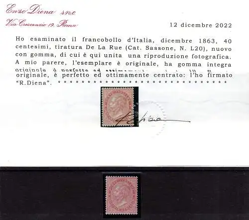 Vittorio Emanuele II Cent. 40 DLR Zertifikat Bolaffi und Diena MNH