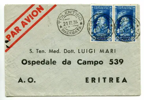 Salone Aeronautico Lire 1,25 auf Luftumschlag von Tolentino nach Eritrea