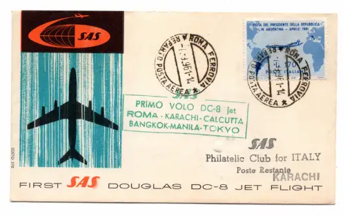 Gronchi Lire 170 isoliert auf Aerogramm für Karatschi weitergeleitet mit dem I. Flug SAS