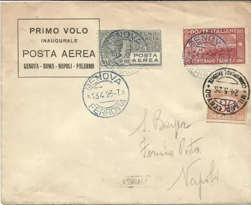 Genua/Neapel vom 13.4.26 - Aerogramm mit Jungfernflug
