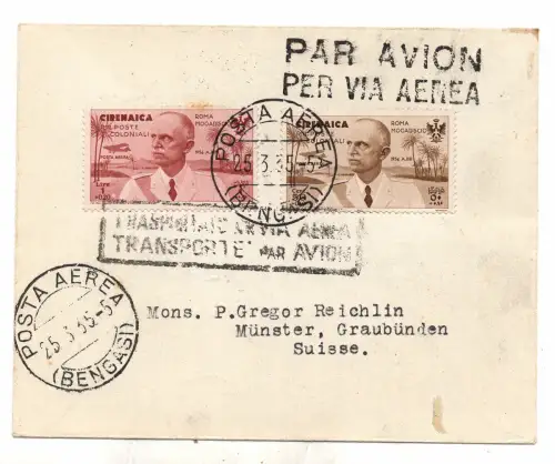 Kyrenaika - Luftpost Nr. 31 + 34 auf Aerogramm für die Schweiz