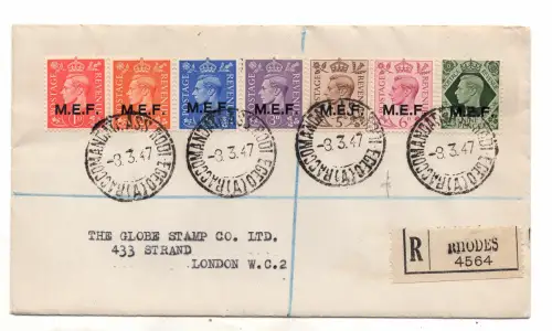 M.E.F. London Auflage Nr. 6/12 auf Einschreiben aus Rhodos