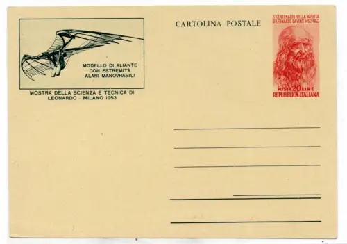 Leonardo da Vinci Postkarte 20 Lire Segelflugzeug weiße Vignette