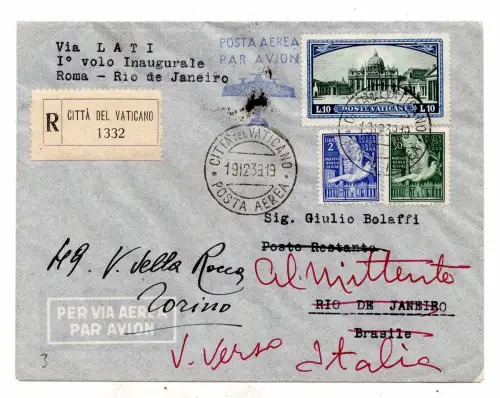 1939 (Vatikan) / Rom / Rio de Janeiro del 20.12.39 - Aerogramma