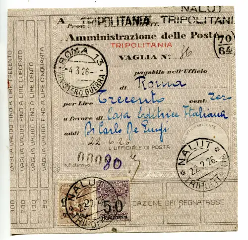 Tripolitanien - Steuermarken Vaglia Lire 2 + Ergänzung zum Beleg