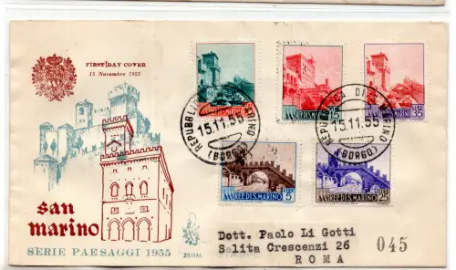 1955 Landschaften Nr. 423/427 auf FDC Venetia gereist