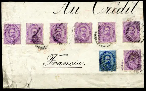 Umberto I. Cent. 50 Nr. 42 sieben Exemplare auf großem Umschlagfragment