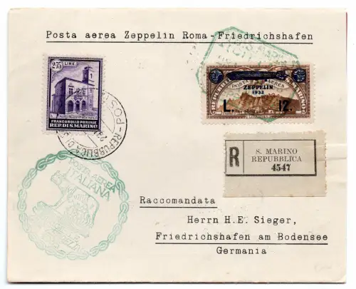 Luftpost Lire 12 Zeppelin + Ergänzung auf Umschlag Racc. für Deutschland