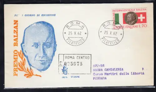 Italien FDC Venetia 1962 Fondazione Balzan voyata Racc. für Italien