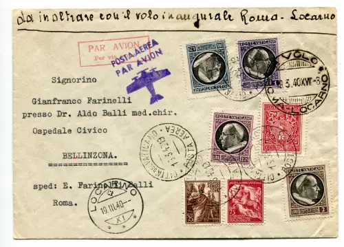 I. Flug Rom/Locarno vom 19.3.40 - Aerogramm nach Bellinzona