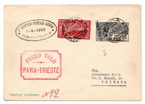 1926 Pavia/Triest vom 1. April - Aerogramm des ersten SISA-Flugs