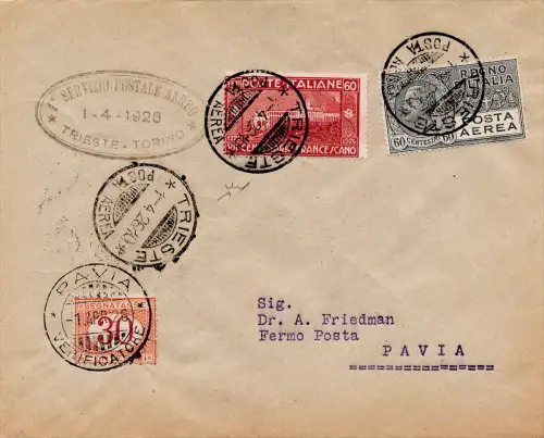 1926 Triest/Pavia vom 1. April - Aerogramm des ersten SISA-Flugs