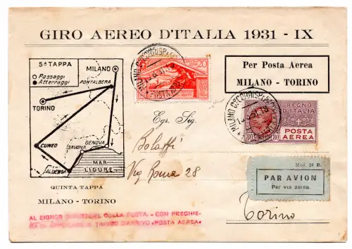 1931 Mailand/Turin vom 13.8.31 - Umschlag der Flugreise