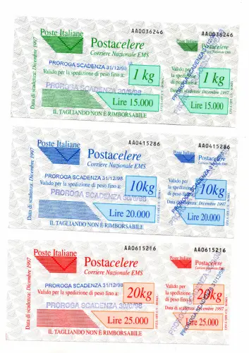Postacelere Nr. 7a/9a Serie von drei Gutscheinen mit Doppelstempel