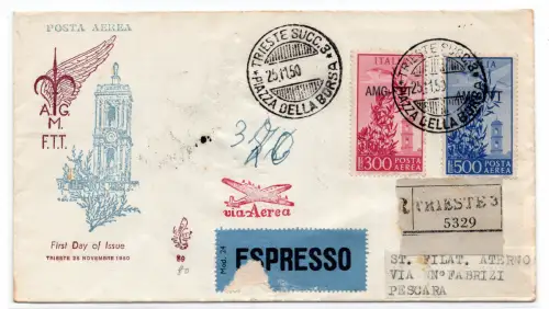 Triest A - Luftpost Lire 300 und 500 auf FDC Venedig