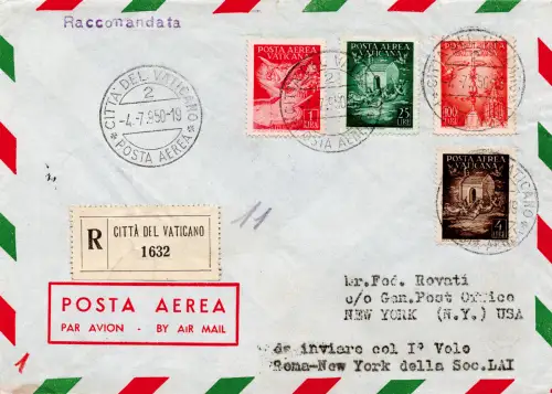 L.A.I. I. Flug (Vatikan) Rom/New York vom 5.7.50 - Aerogramm Racc.