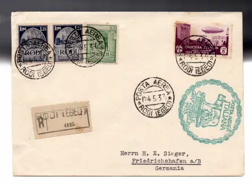 Ägäis - Zeppelin Kreuzfahrt Lire 5 + Ergänzungen auf Umschlag Racc. aus Rhodos