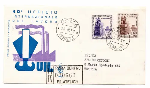 Italia 1959 U.I.L. auf FDC Venetia Racc Umschlag mit Ankunftsstornierung