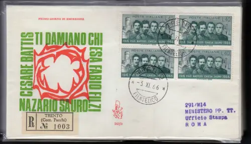 Italien FDC Venetia 1966 Filzi Viertelreise Racc. für Italien