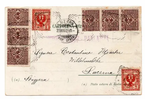 Floreale Cent. 1 sechs Exemplare auf Ansichtskarte für die Schweiz