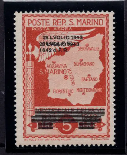 Fall des Faschismus Lire 5 Nr. A39a Doppelaufdruck - MNH