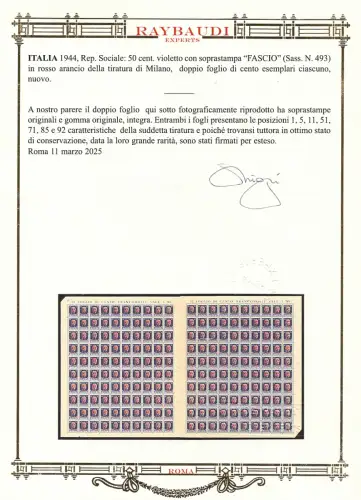 Centschelle. 50 Milanona rot orange Cert. Raybaudi - MNH
