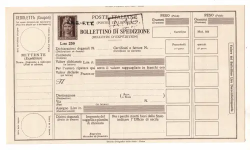 Triest A - Versandzettel 250 Lire Handaufdruck