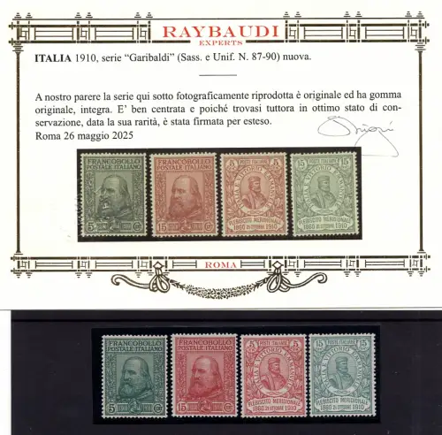 Garibaldi n. 87/90 perfekt zentriert - postfrisch - Cert. Raybaudi