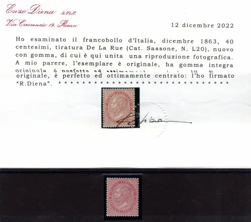 Vittorio Emanuele II Cent. 40 DLR Zertifikat Bolaffi und Diena MNH