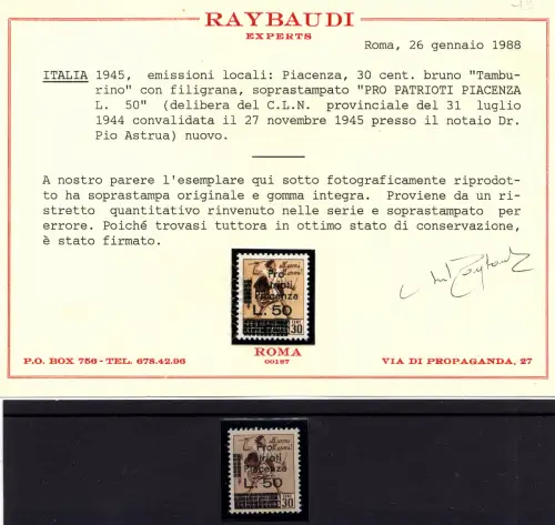 C.L.N. Piacenza Lire 50 auf Cent. 30 mit Wasserzeichen - Zertifikat - MNH
