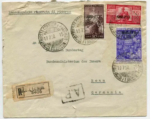 Triest Democratica Lire 100 auf Umschlag Racc. für Deutschland