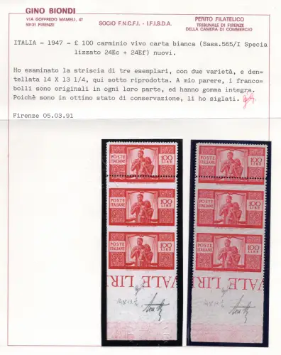 Democratica Lire 100 Streifen mit Sorten Nr. 565asa + 565/Iu