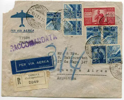 Democratica Lire 100 (I. Platte) Nr. 565 auf Umschlag Racc. auf dem Luftweg nach Argentinien