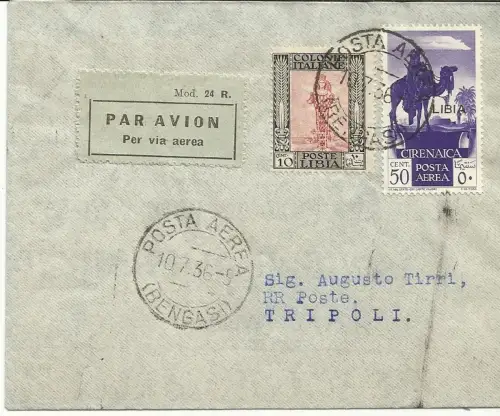 Libyen - Luftpost Cent. 50+ Ergänzung auf Luftumschlag aus Bengasi