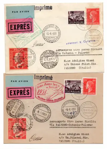 3. Giro Aereo di Sicilia vom 9.6.51 (Luxemburg) - Zwei Aerogramme