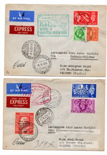 3. Sizilienflug vom 9.6.51 (Großbritannien) - Zwei Aerogramme